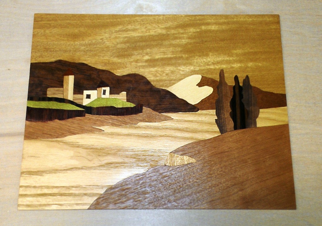 Swiss lake marquetry scene